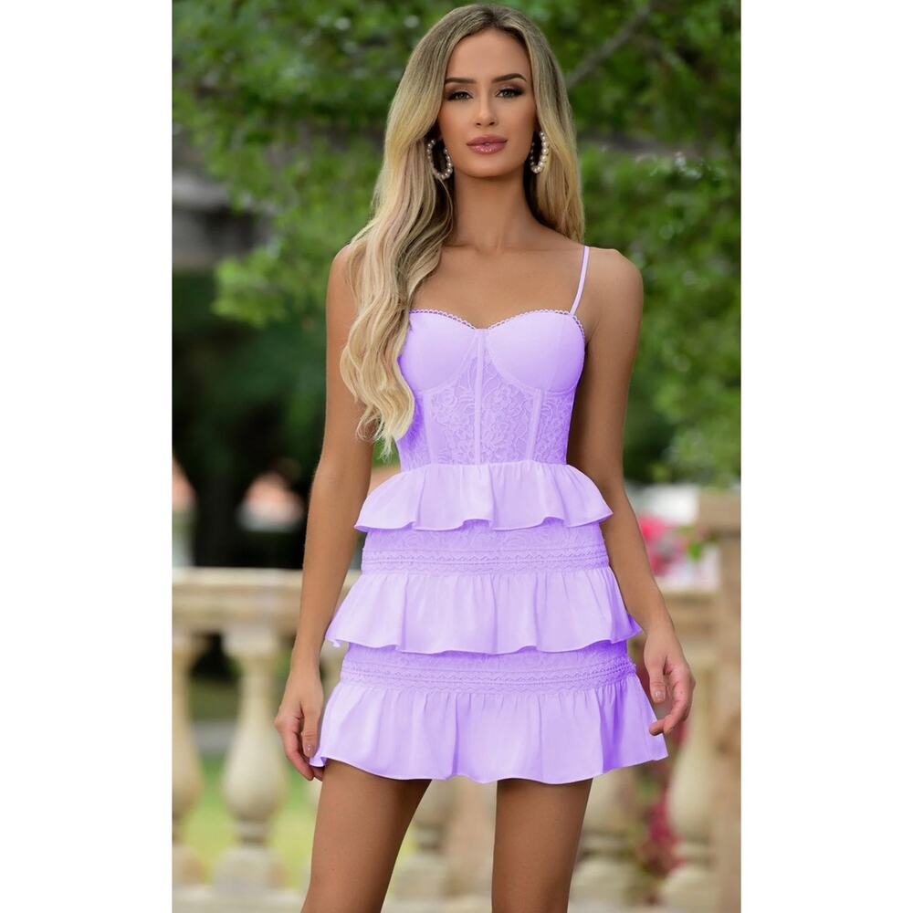 8 10 L Velvi XO by Sophia’s Kiara Mini Dress Prom purple layer tiered ruffles